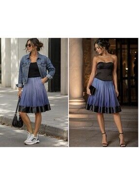 Talbots Pure Silk Pleated Mini Skirt Blue Black Ombré Womens 10 Wedding Guest